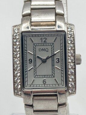 DMQ CZ Women's Tank Watch 23mm Silver Tone QVC Crystals Bling New Battery 7.25"